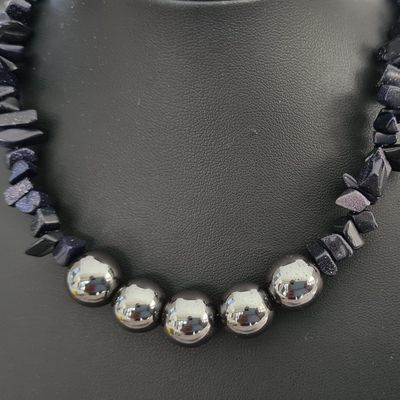 Blue Sandstone Chip with Hematite Gemstone Necklace + Extender