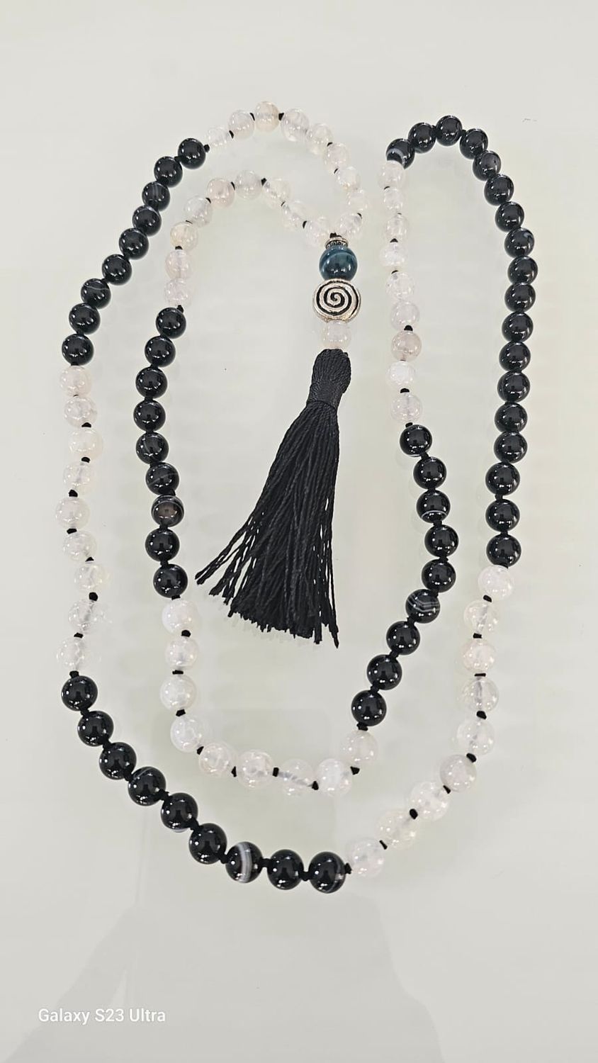 Black Banded Agate and White Cracked Agate 8mm Knotted Gemstone Mala
