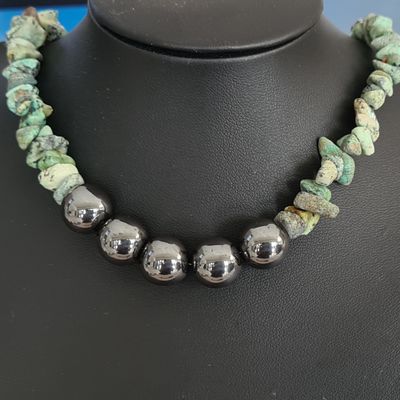 African Turquoise Chip with Hematite Gemstone Necklace + Extender