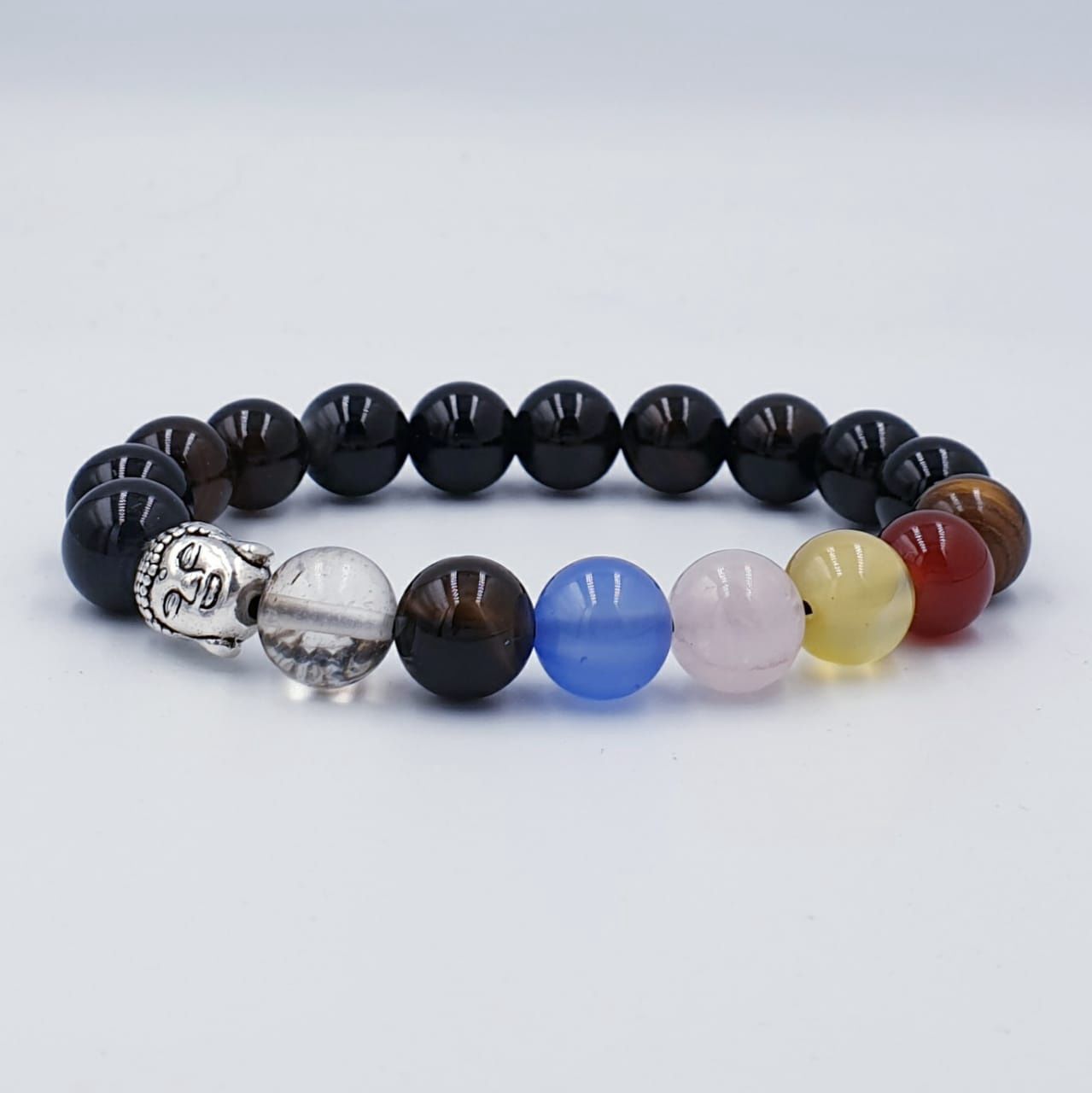 Obsidian Chakra 10mm with Silver Spacer and Silver Buddha CC