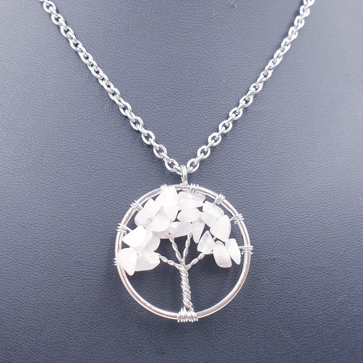 Rose Quartz Tree of Life Chip Pendant on Stainless Steel Necklace 50cm