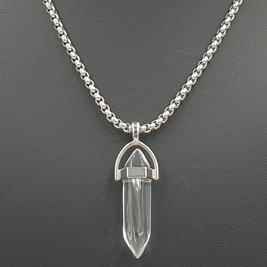 Clear Quartz Prism Pendant on Stainless Steel Block Necklace 60cm