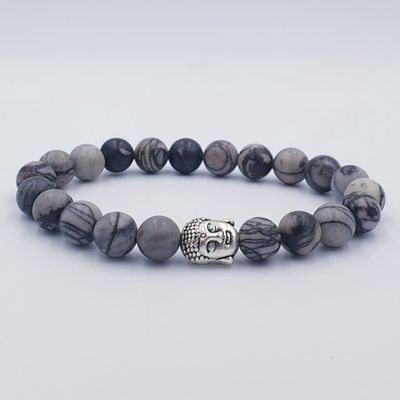Black Webbed Picasso Jasper 8mm with Buddha Charm