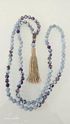 Blue Purple Imperial Jasper and Blue Angelite 8mm Knotted Gemstone Mala
