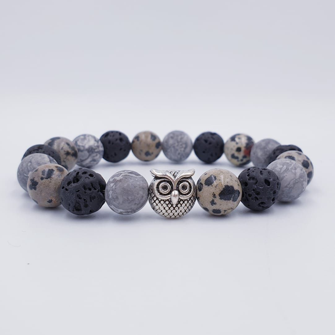 Matt Grey Jasper Black Lava Stone and Dalmation Jasper 10mm with Owl Charm