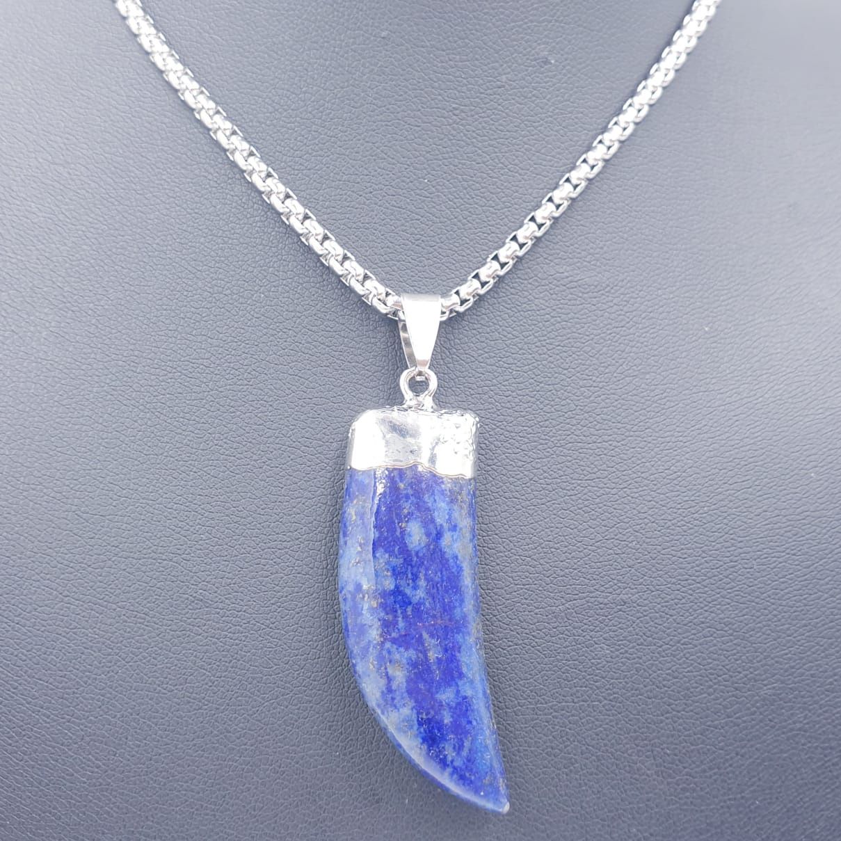 Lapis Lazuli Horn Pendant on Stainless Steel Block Necklace 60cm