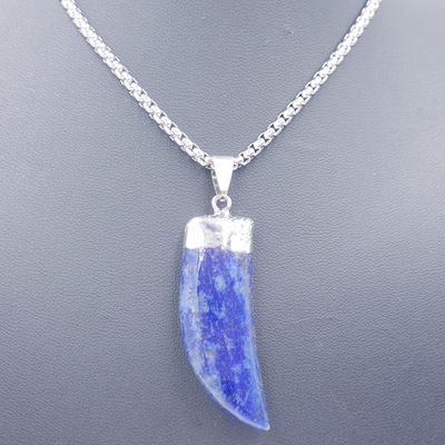 Lapis Lazuli Horn Pendant on Stainless Steel Block Necklace 60cm