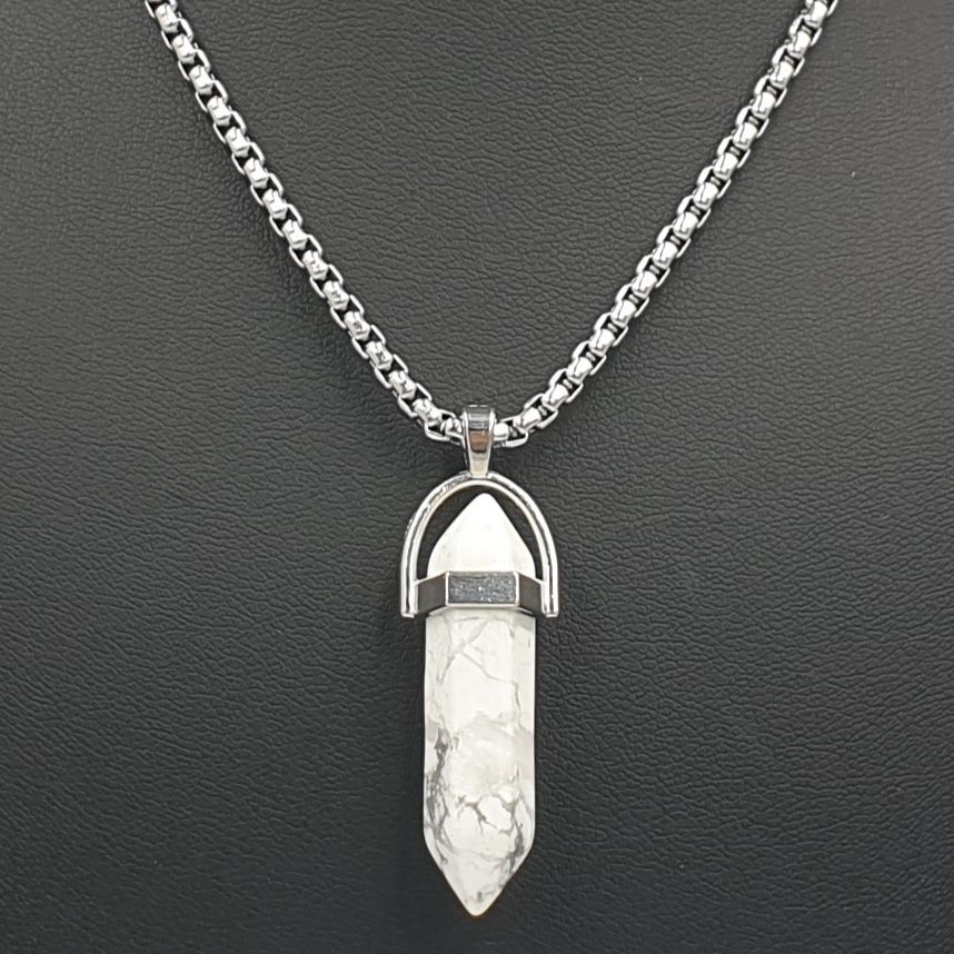 Howlite Prism Pendant on Stainless Steel Block Necklace 60cm