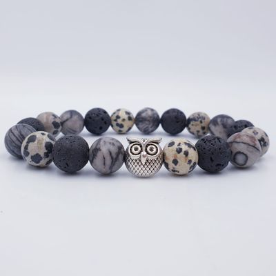 Black Webbed Picasso Jasper Black Lava Stone and Dalmation Jasper 10mm with Owl Charm