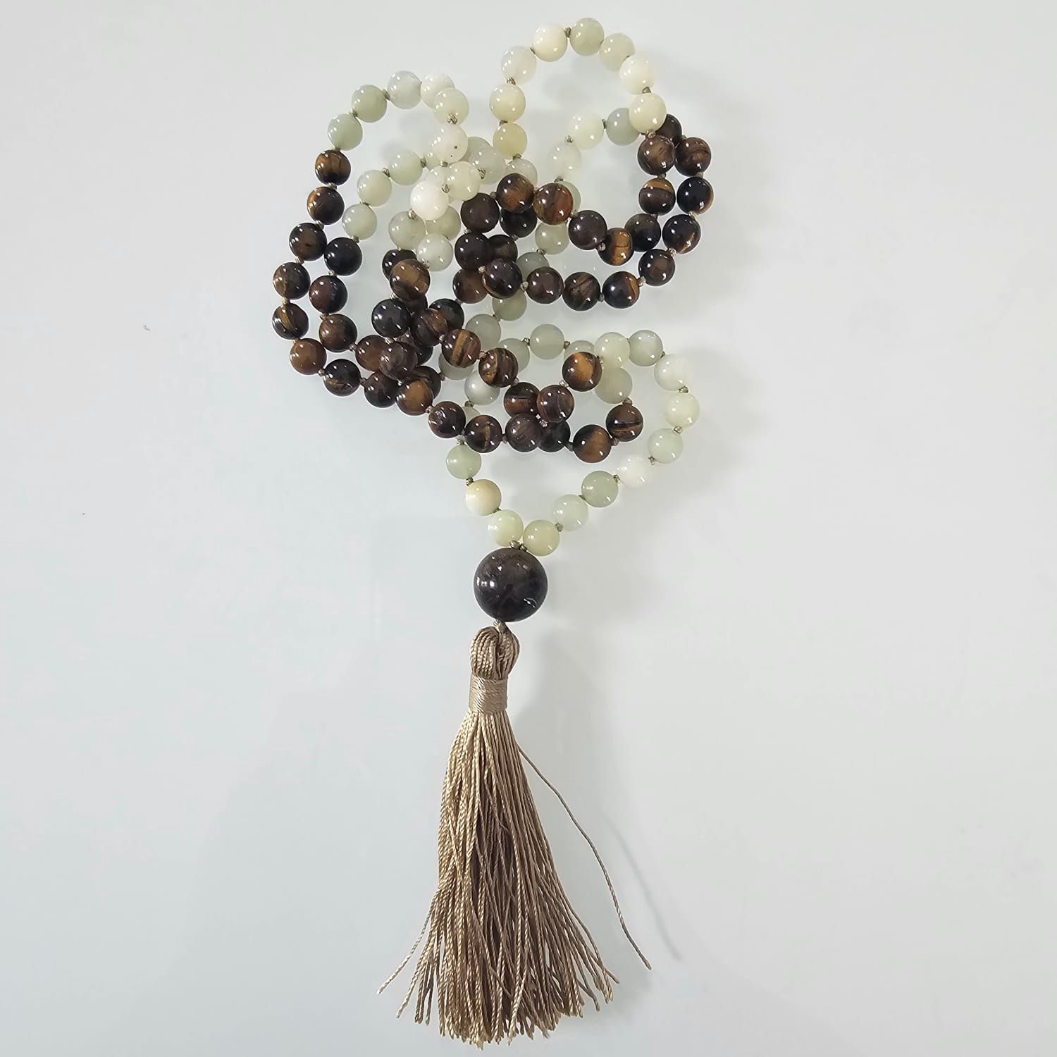 Light Green Serpentine and Tigers Eye 8mm Knotted Mala