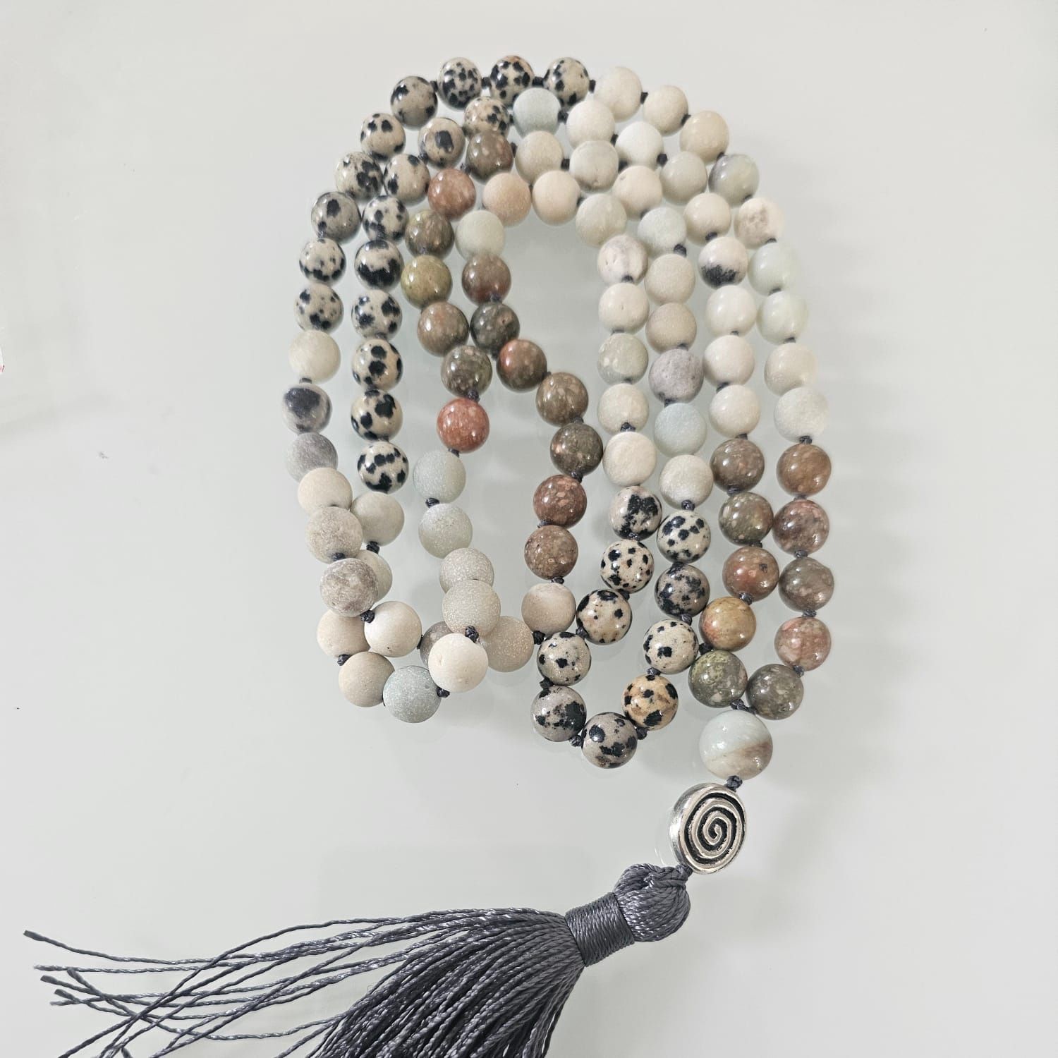 Amazonite with Dalmation Jasper and Autumn Jasper 8mm Knotted Mala