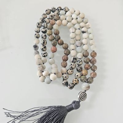 Amazonite with Dalmation Jasper and Autumn Jasper 8mm Knotted Mala