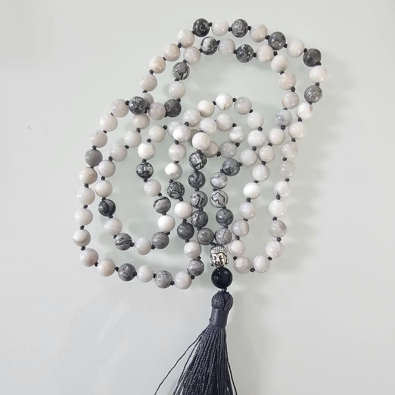 Crazy Lace Agate and Grey Agate 8mm Knotted Mala