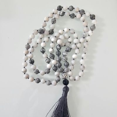 Crazy Lace Agate and Grey Agate 8mm Knotted Mala