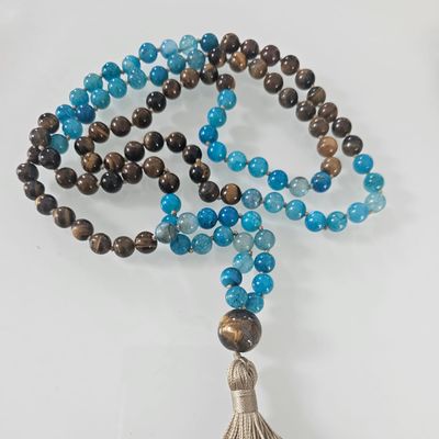 Tigers Eye and Blue Dragon Vein Agate 8mm Knotted Mala
