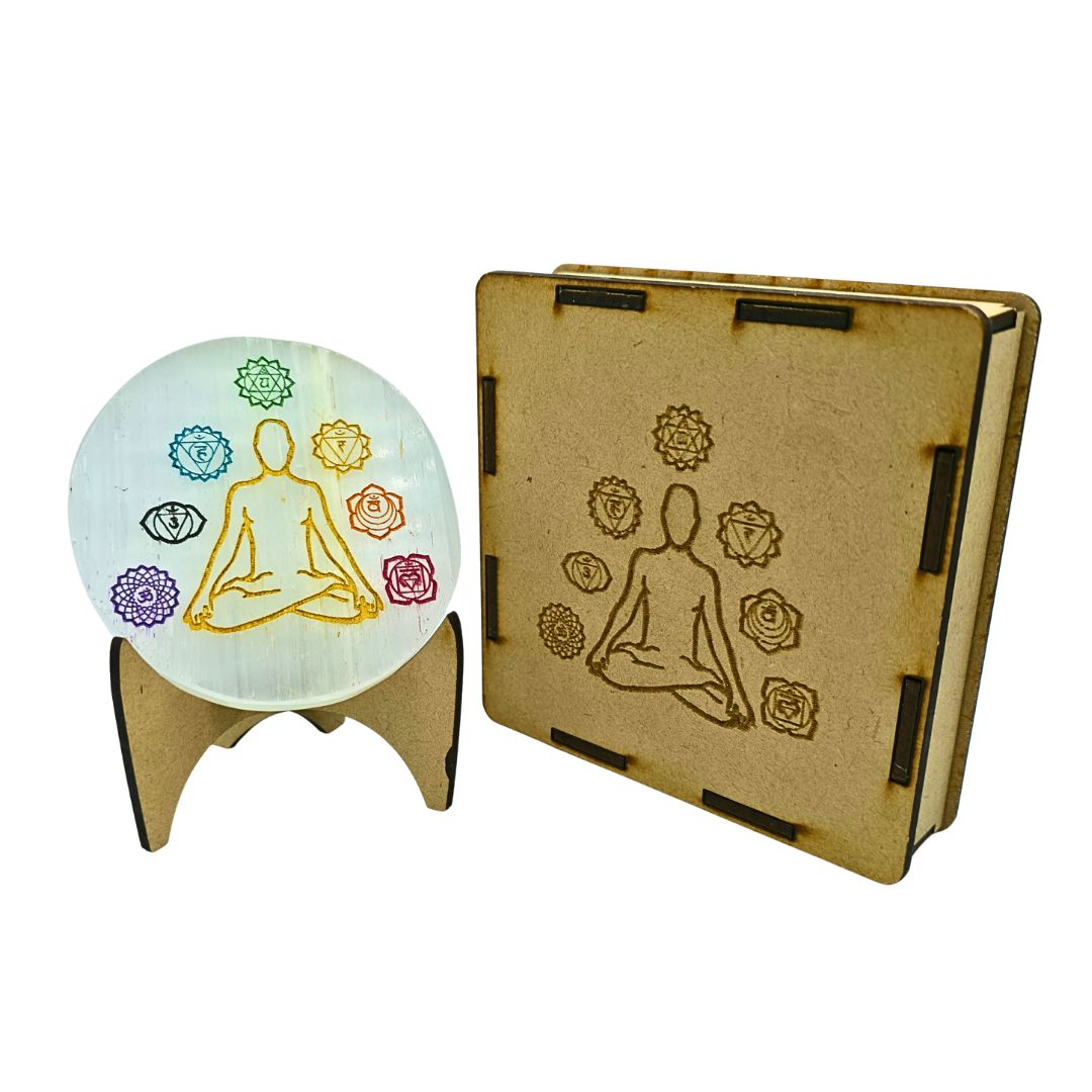 Selenite Boxed Round Plate 7 Chakra Symbols Meditation (Chakra Colours)