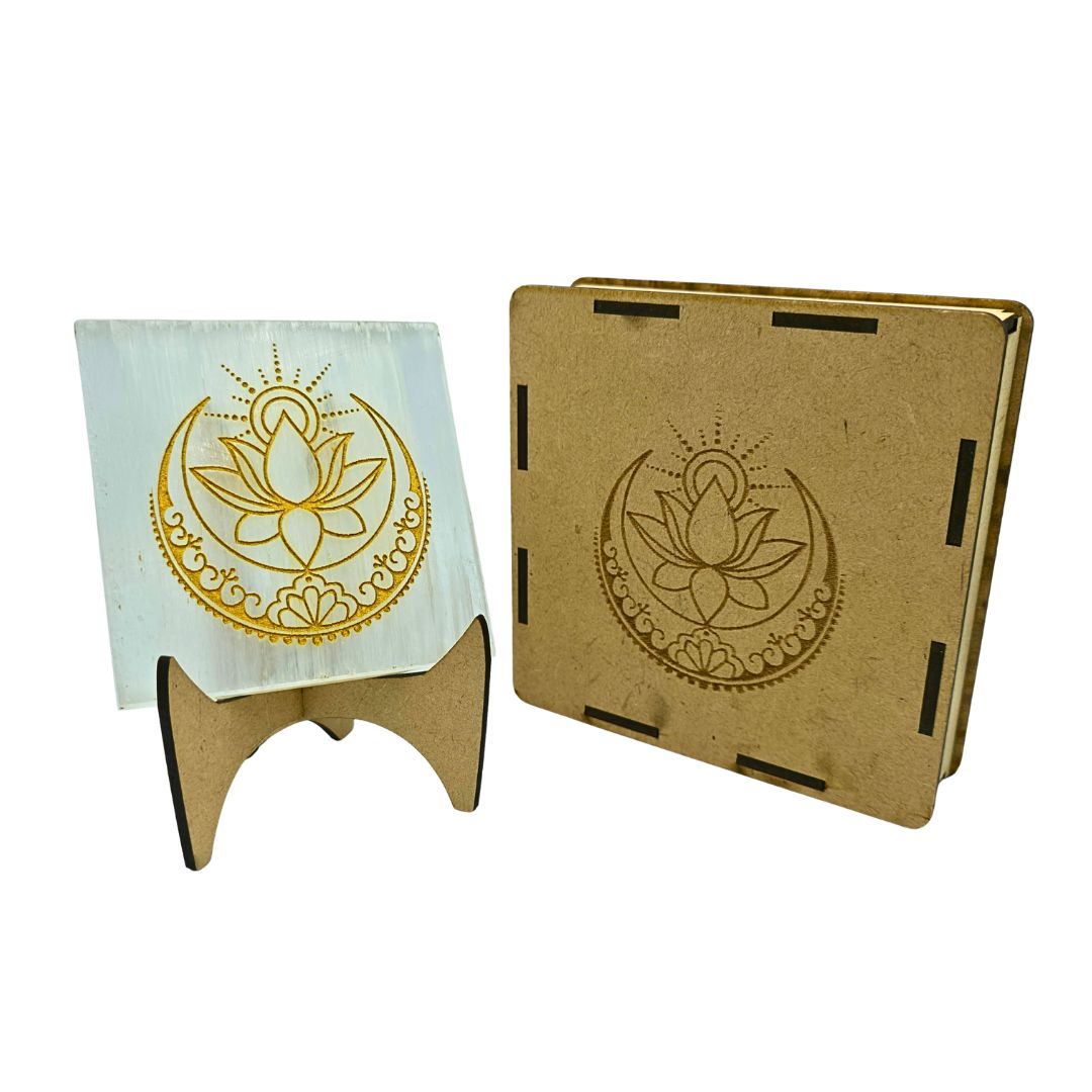 Selenite Boxed Square Plate Lotus with Moon and Sunrays (Gold)