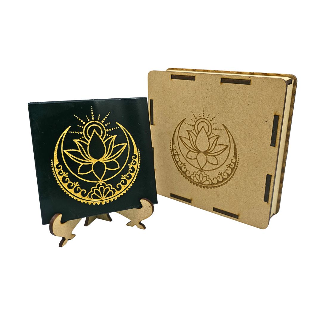Tourmaline Boxed Square Plate Lotus with Moon and Sunrays (Gold)
