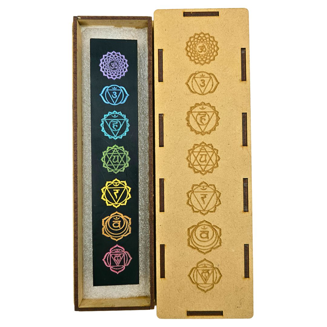 Tourmaline Boxed Rectangle Plate 7 Chakra Symbols with Name (Chakra Colours)