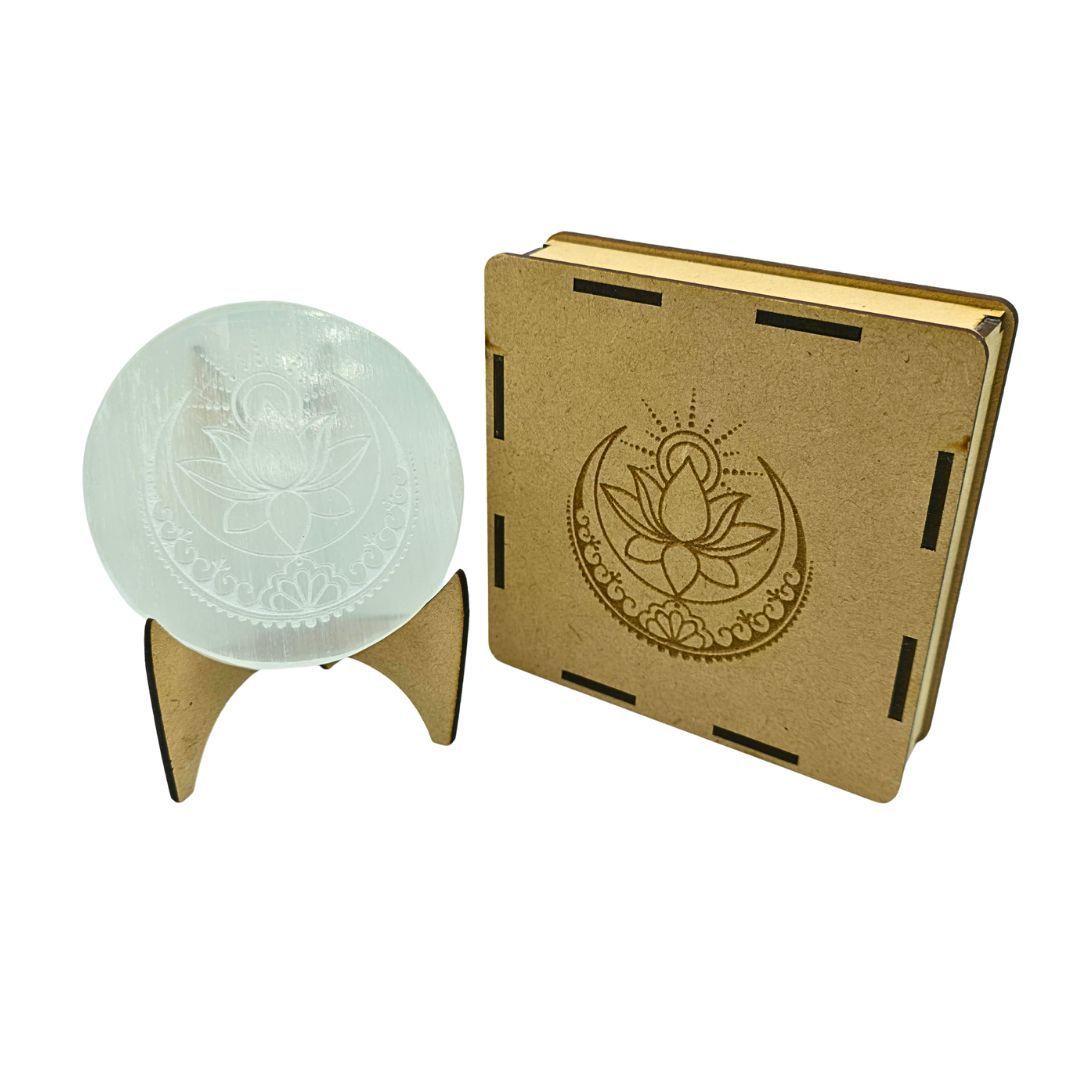 Selenite Boxed Round Plate Lotus with Moon and Sunrays (White)