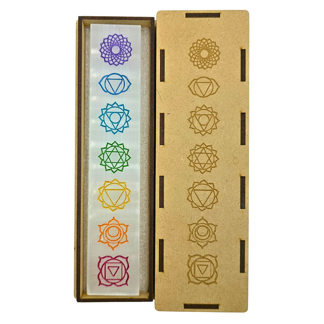 Selenite Boxed Rectangle Plate 7 Chakra Symbols (Chakra Colours)