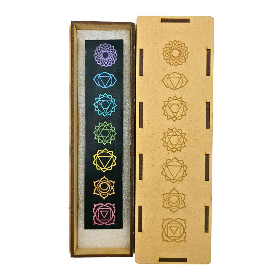 Tourmaline Boxed Rectangle Plate 7 Chakra Symbols (Chakra Colours)
