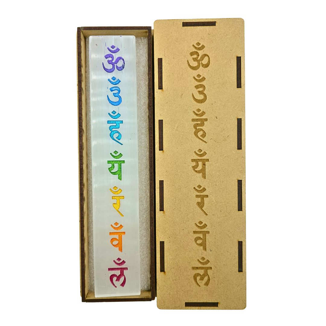 Selenite Boxed Rectangle Plate 7 Chakra Names (Chakra Colours)