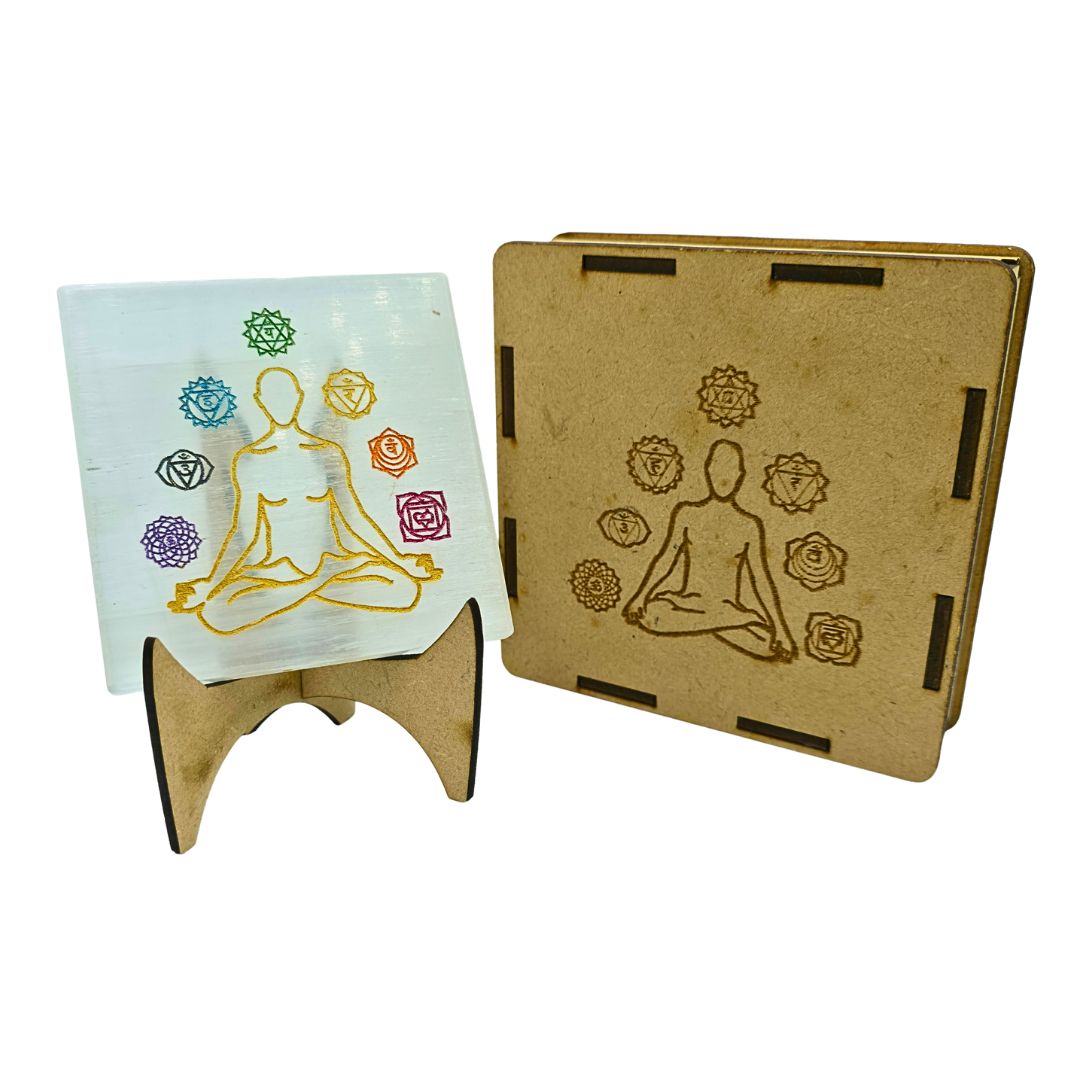 Selenite Boxed Square Plate 7 Chakra Symbols Meditation (Chakra Colours)