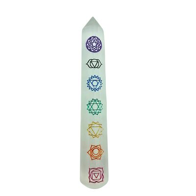 Selenite Wand 7 Chakra Symbol Engraved in Colours (16cm)
