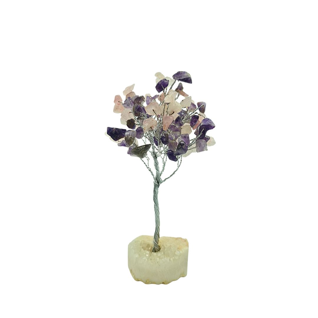 Amethyst and Rose Quartz Tree on Silver Wire with Quartz Cluster Base (15cm)