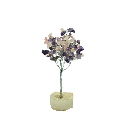 Amethyst and Rose Quartz Tree on Silver Wire with Quartz Cluster Base (15cm)