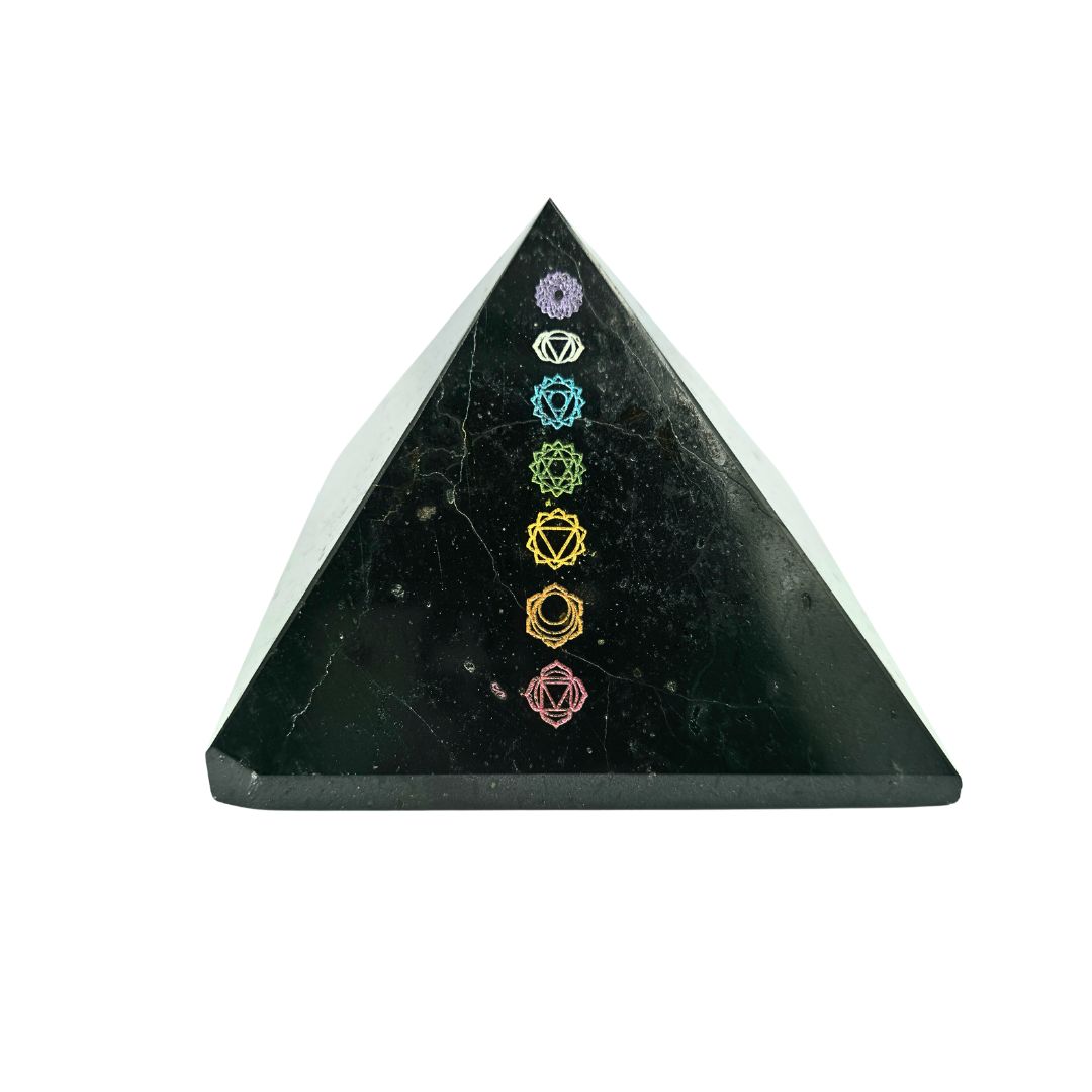 Black Tourmaline Pyramid with 7 Chakra Symbol Engraving (1370g)