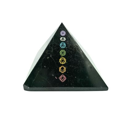 Black Tourmaline Pyramid with 7 Chakra Symbol Engraving (1370g)