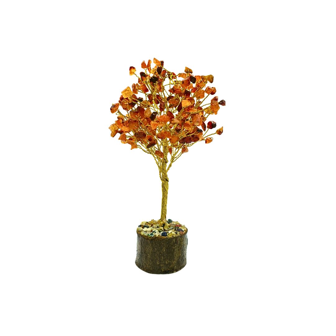 Carnelian Tree on Gold Wire with Wooden Mix Chip Base (20cm)