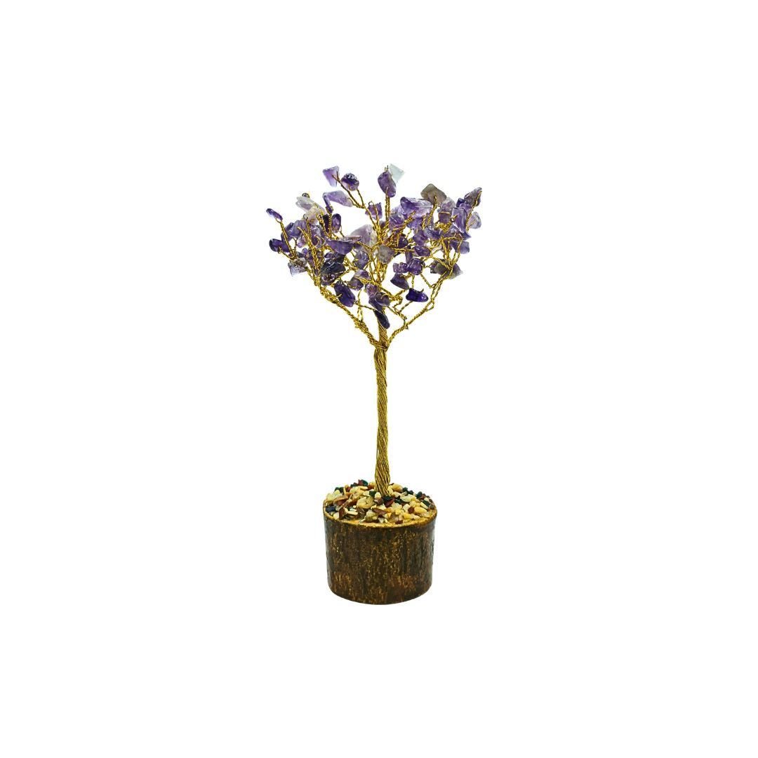 Amethyst Tree on Gold Wire with Wooden Mix Chip Base (15cm)