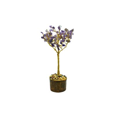 Amethyst Tree on Gold Wire with Wooden Mix Chip Base (15cm)