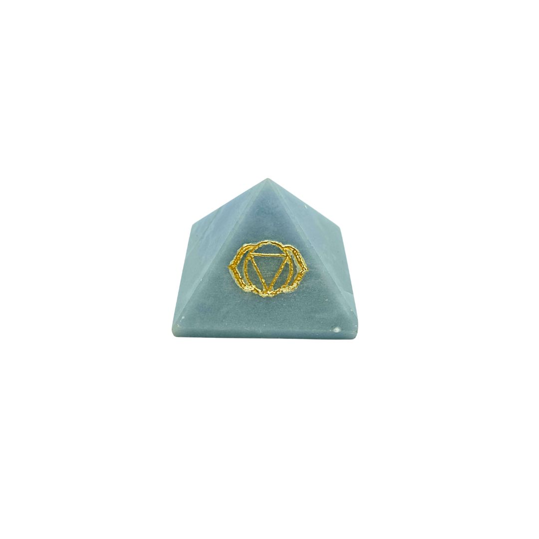 Blue Angelite Pyramid with Gold Third Eye Chakra Symbol Engraving (120g)