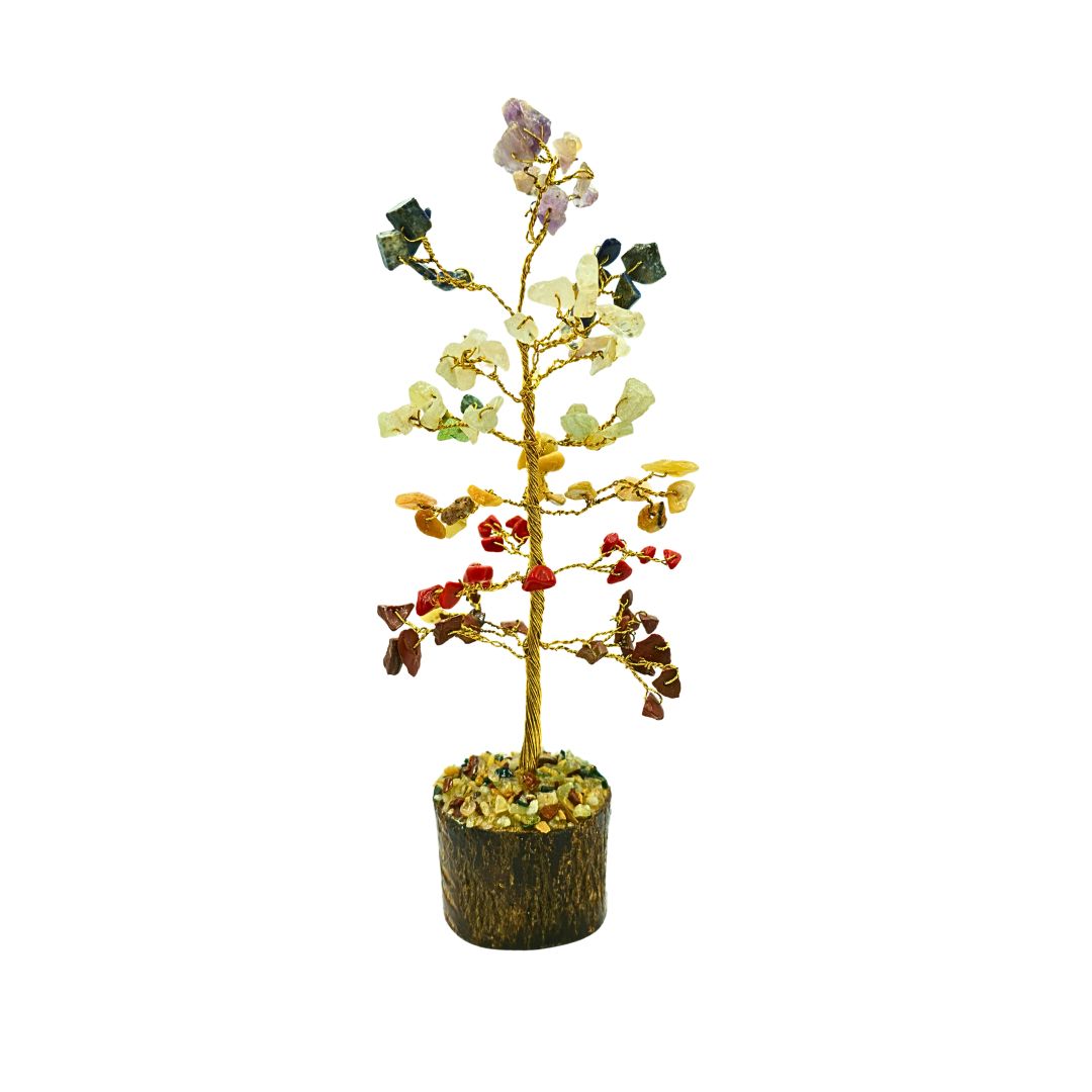 Chakra Gemstone Tree on Gold Wire with Wooden Mix Chip Base (15cm)