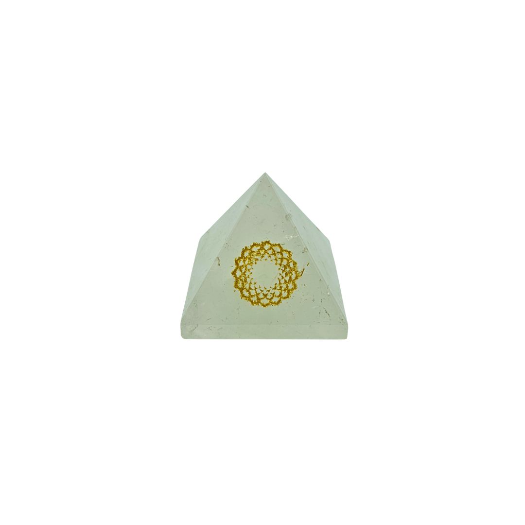 Clear Quartz Pyramid with Gold Crown Chakra Engraving (140g)