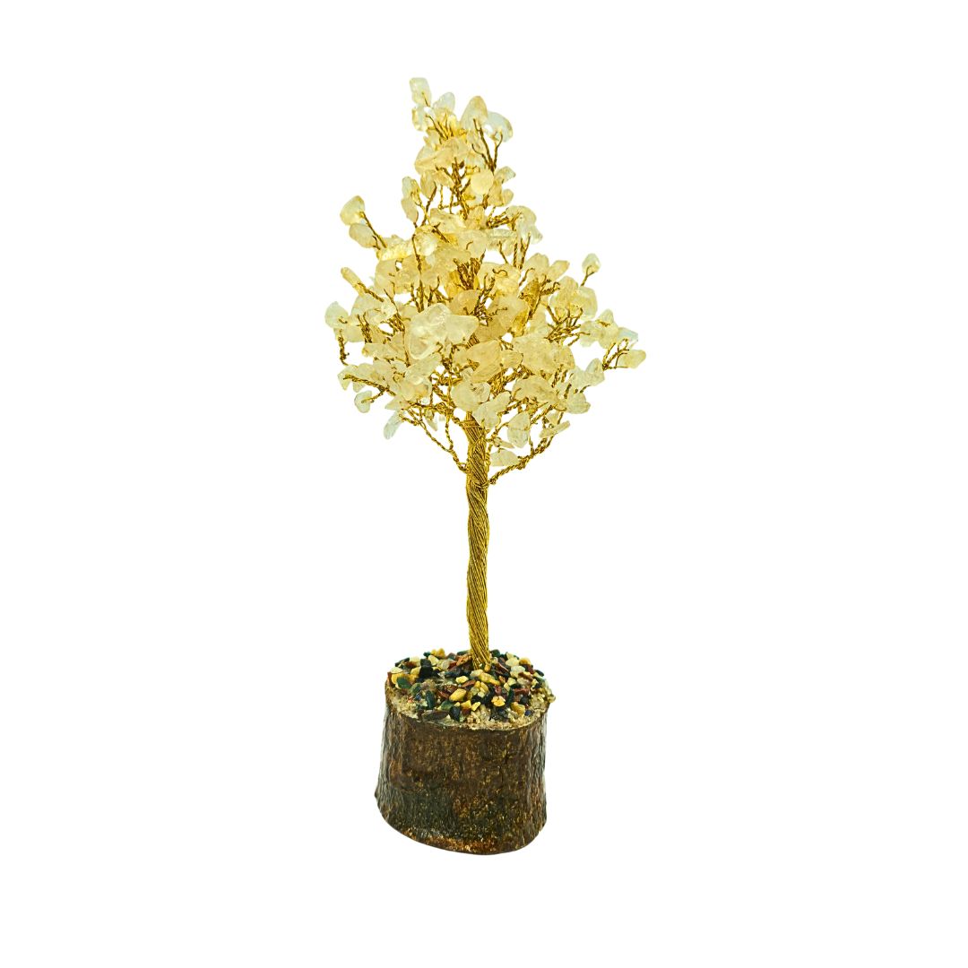 Citrine Tree on Gold Wire with Wooden Mix Chip Base (20cm)