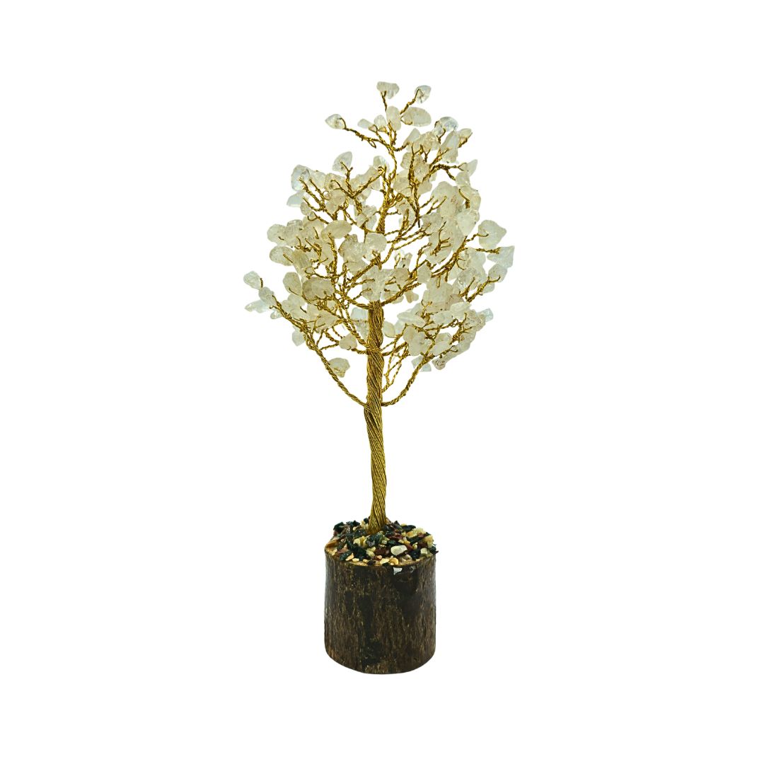 Clear Quartz Tree on Gold Wire with Wooden Mix Chip Base (20cm)