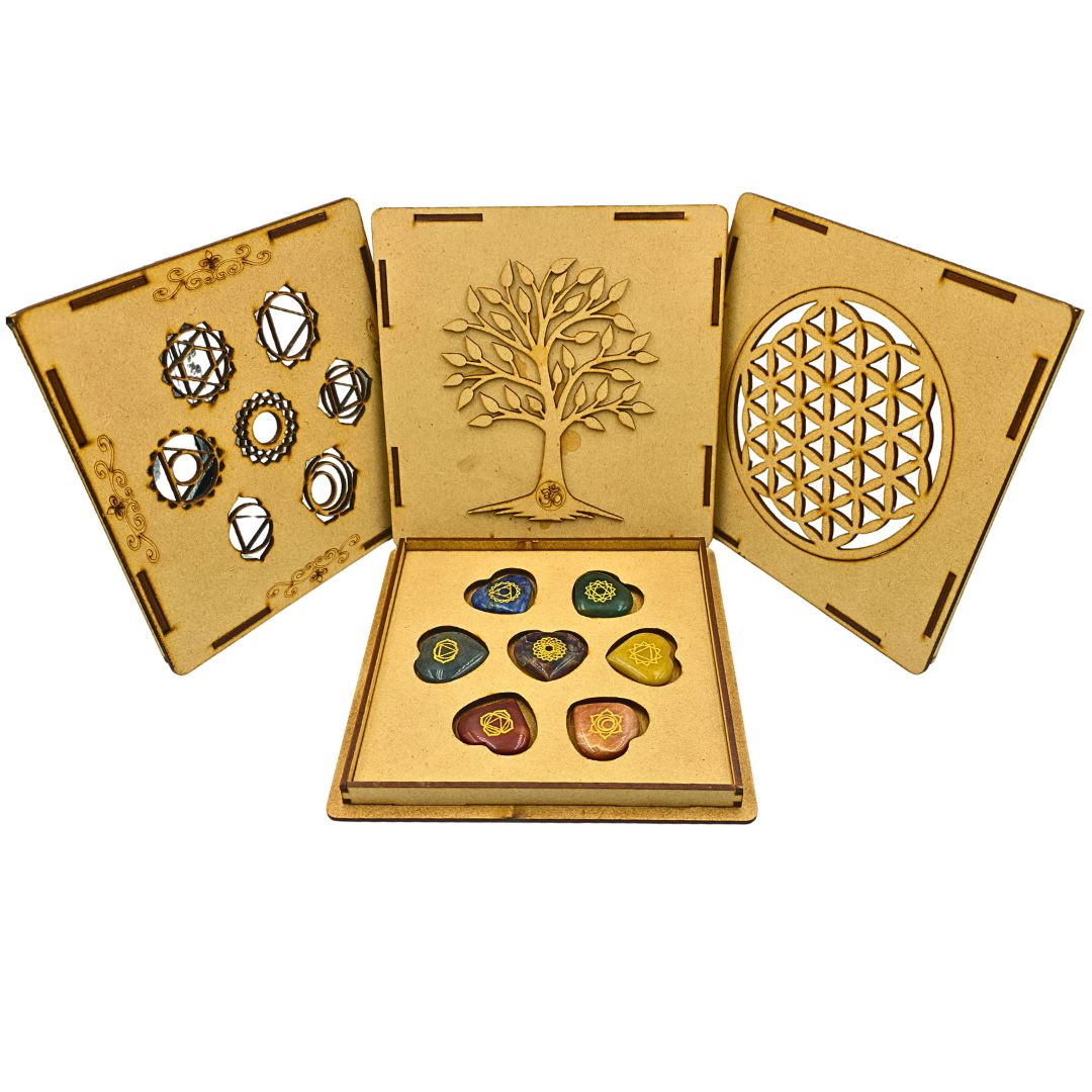 7 Chakra Gemstone Heart Set in Wooden Box