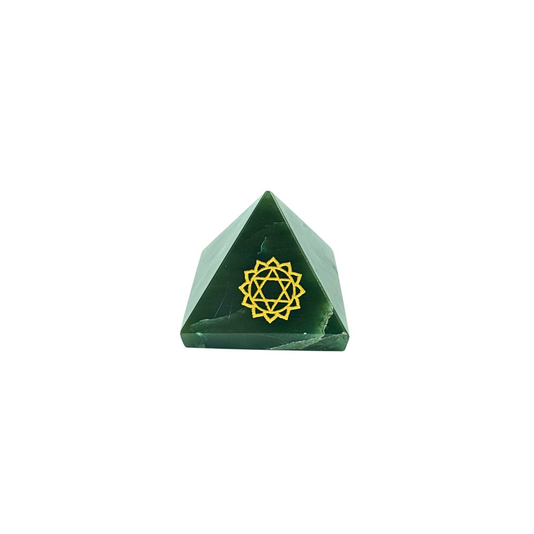Green Jade Pyramid with Gold Heart Chakra Engraving (120g)