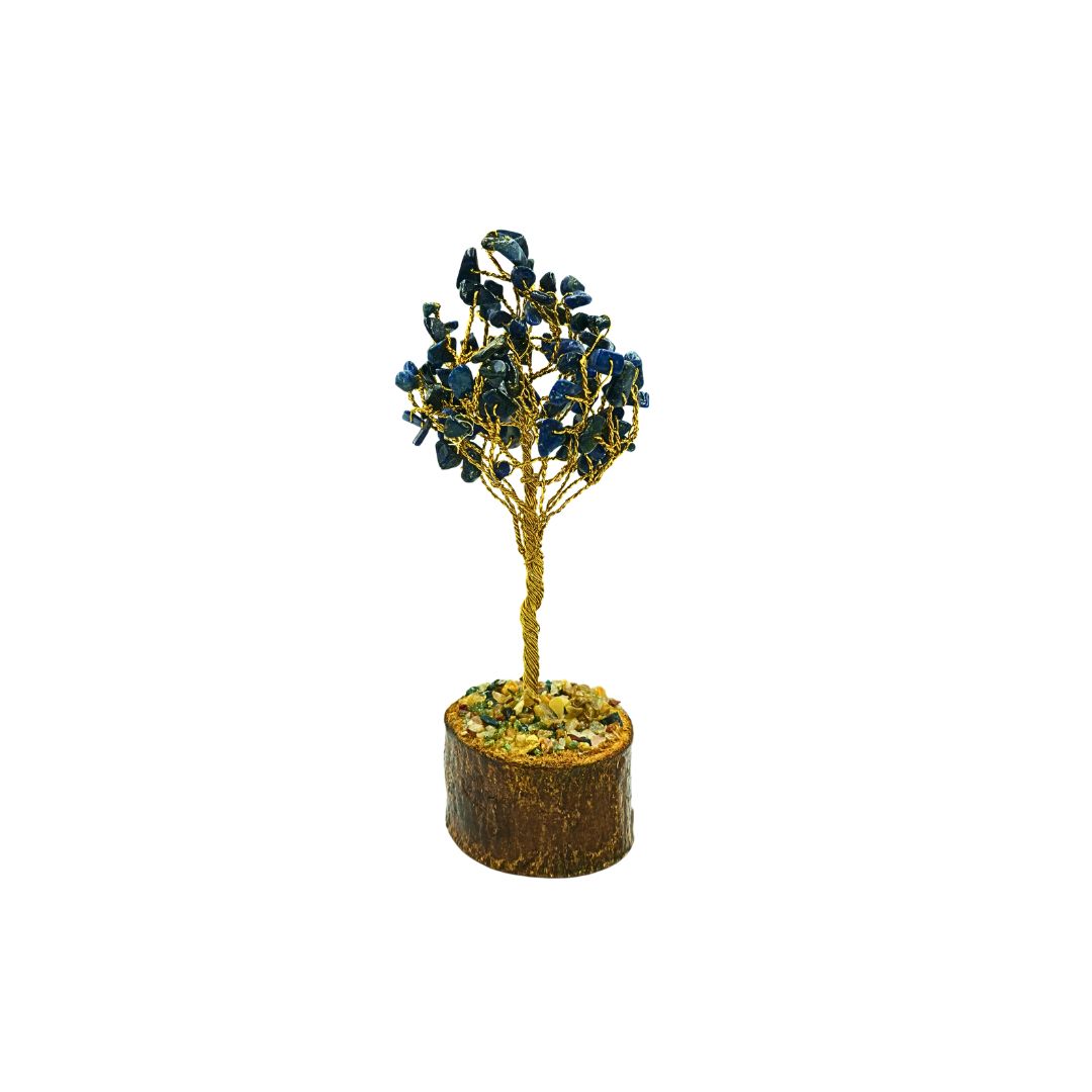 Lapis Lazuli Tree on Gold Wire with Wooden Mix Chip Base (15cm)