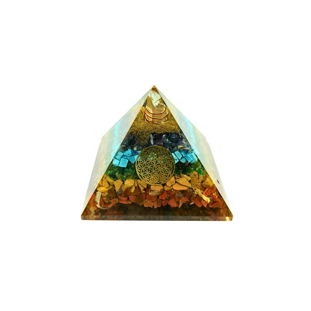 Orgonite Pyramid Chakra with Flower of Life (200g 7.5x7.5cm)