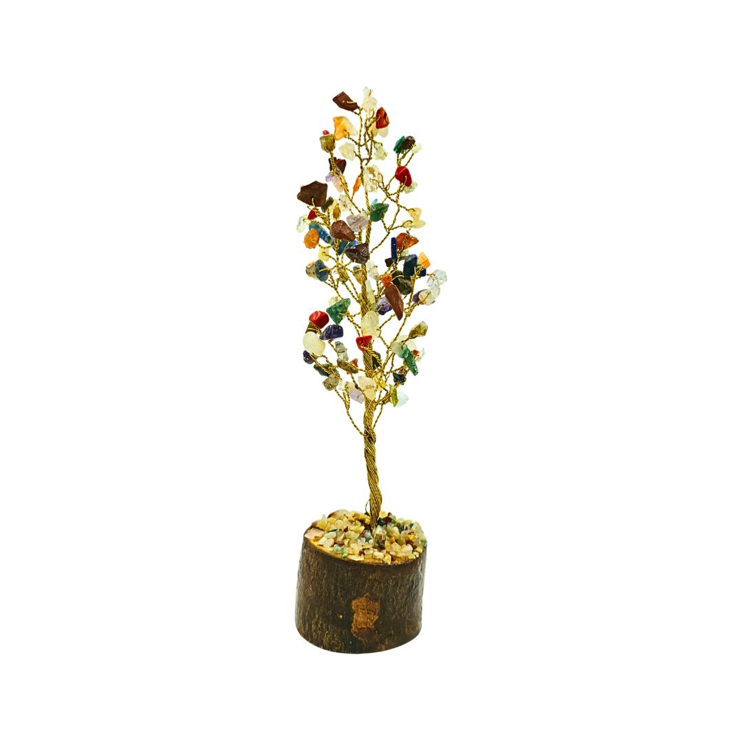 Mix Quartz Tree on Gold Wire with Wooden Mix Chip Base (15cm)