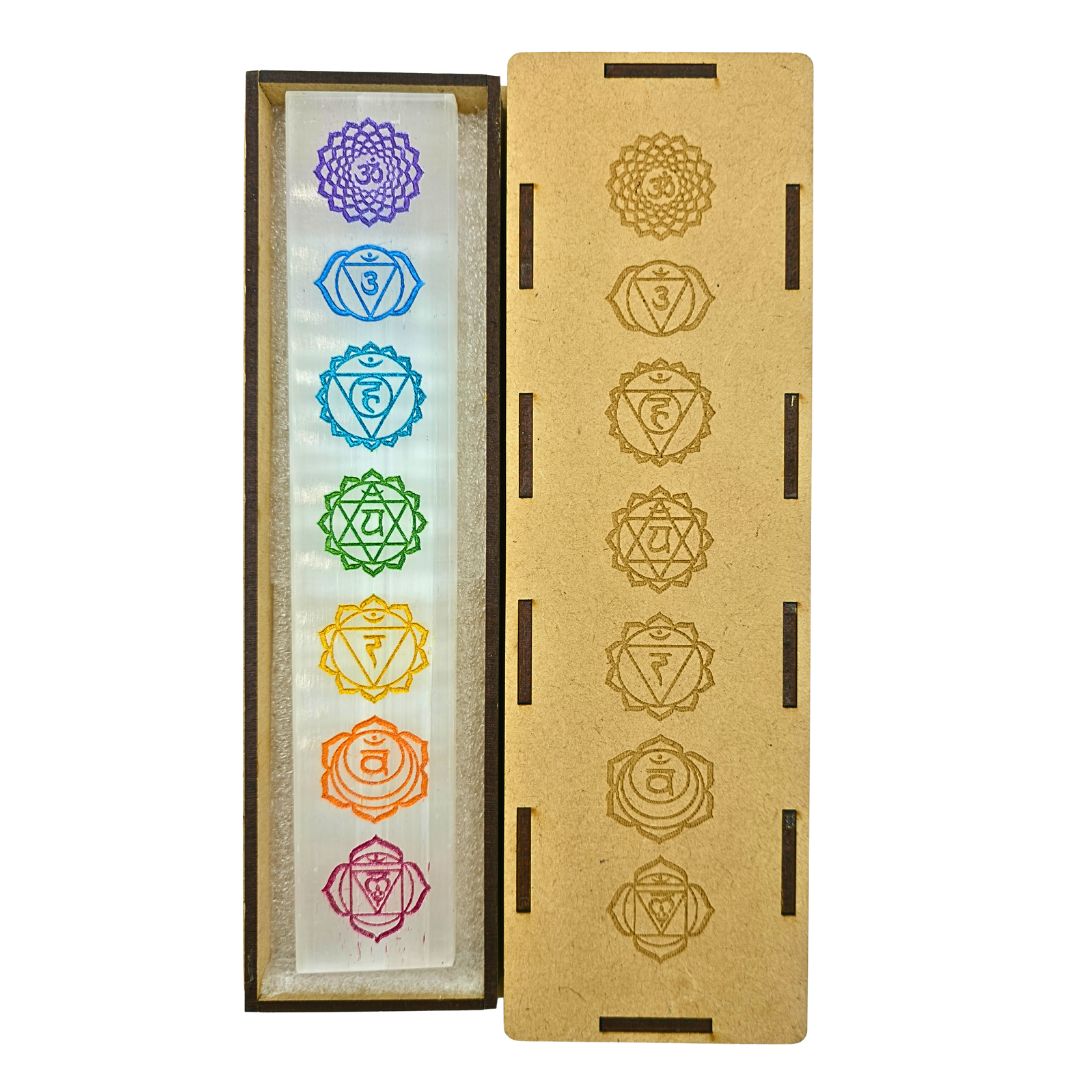 Selenite Boxed Rectangle Plate 7 Chakra Symbols with Name (Chakra Colours)