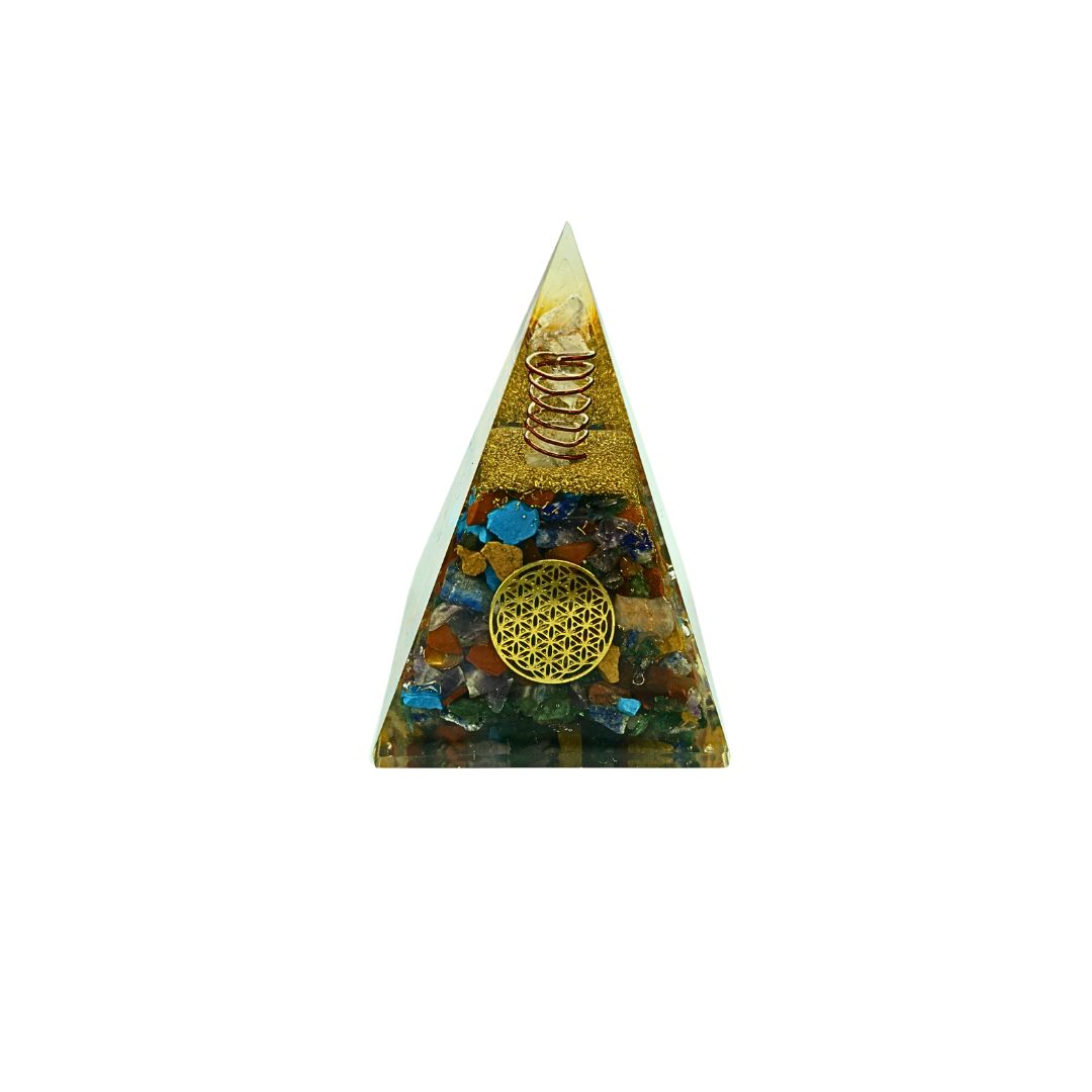 Orgonite Pyramid Gemstone Chips with Flower of Life (160g 6x6cm)