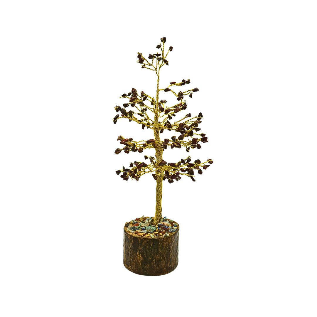 Red Jasper Tree on Gold Wire with Wooden Mix Chip Base (20cm)
