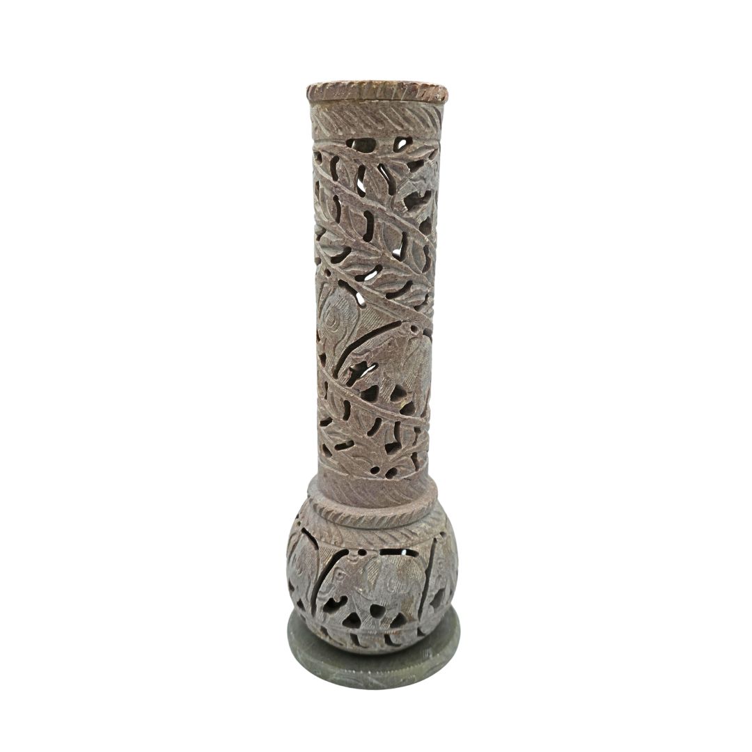 Soapstone Incense Tower Vase Cylinder Elephant Garden 23.5cm x 7.5cm